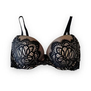Victoria’s Secret Dream Angels Pushup‎ Bra Size 34DD Black Nude Lace Uplifting
